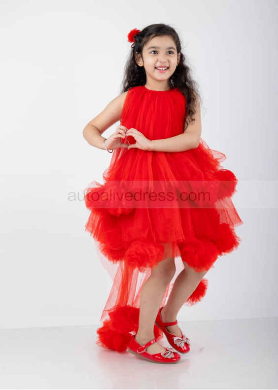 Red Pom Pom Tulle High Low Flower Girl Dress